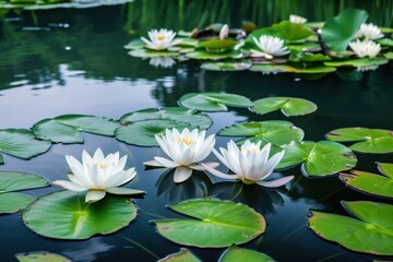 Beautiful white water lilies bloom on still water in a tranquil pond surrounded by lush green leaves during a peaceful summer day