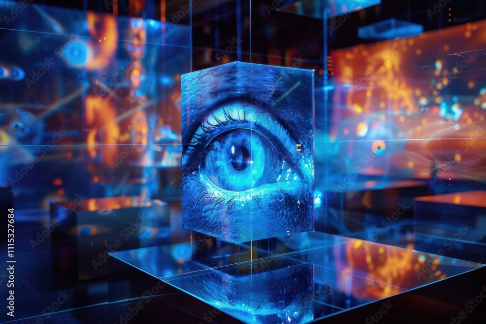 Poster a futuristic digital art installation featuring a hyper-realistic blue eye projected on a transparen