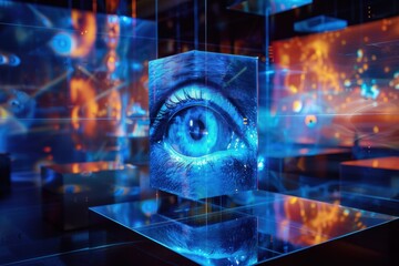A futuristic digital art installation featuring a hyper-realistic blue eye projected on a transparent cube in an ambient neon-lit gallery setting