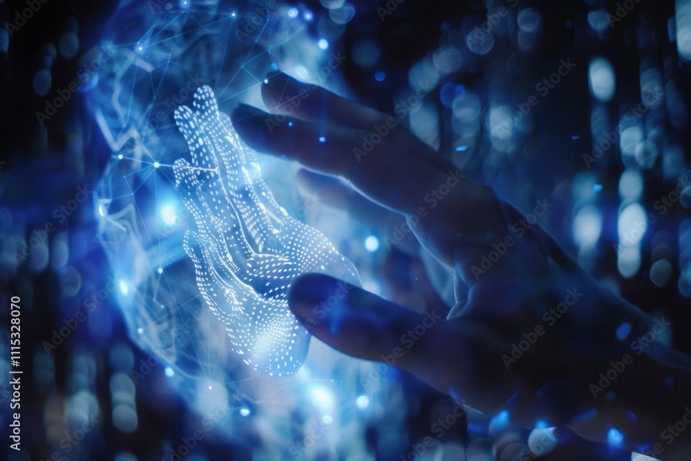 Poster a hand interacts with a glowing digital sphere illustrating advanced technology and artificial intel