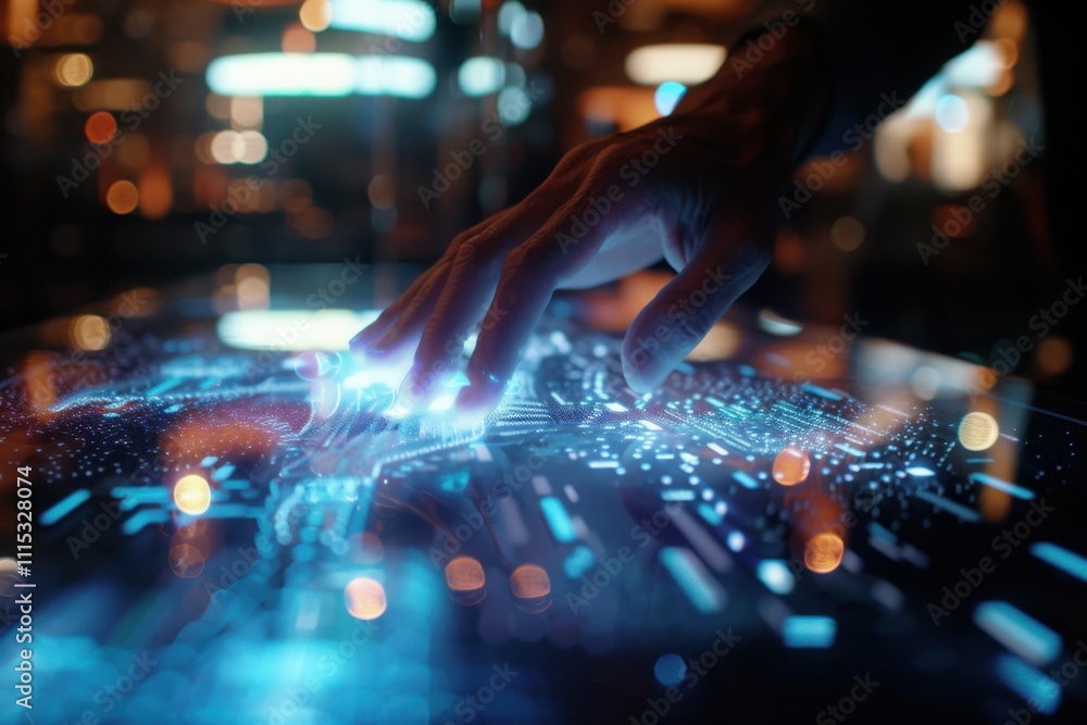 Poster a hand interacts with a glowing digital sphere illustrating advanced technology and artificial intel