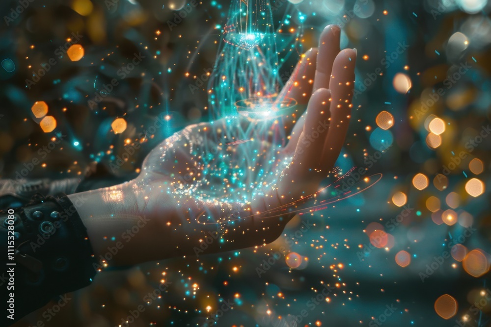 Poster a hand interacts with a glowing digital sphere illustrating advanced technology and artificial intel