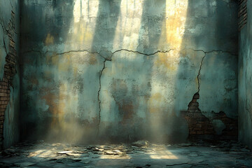Fototapeta premium Sunbeams illuminate a dilapidated room with cracked walls and a broken floor.