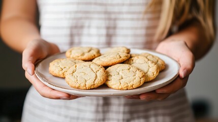 Freshly Baked Cookies on Plate Held by Person in Apron