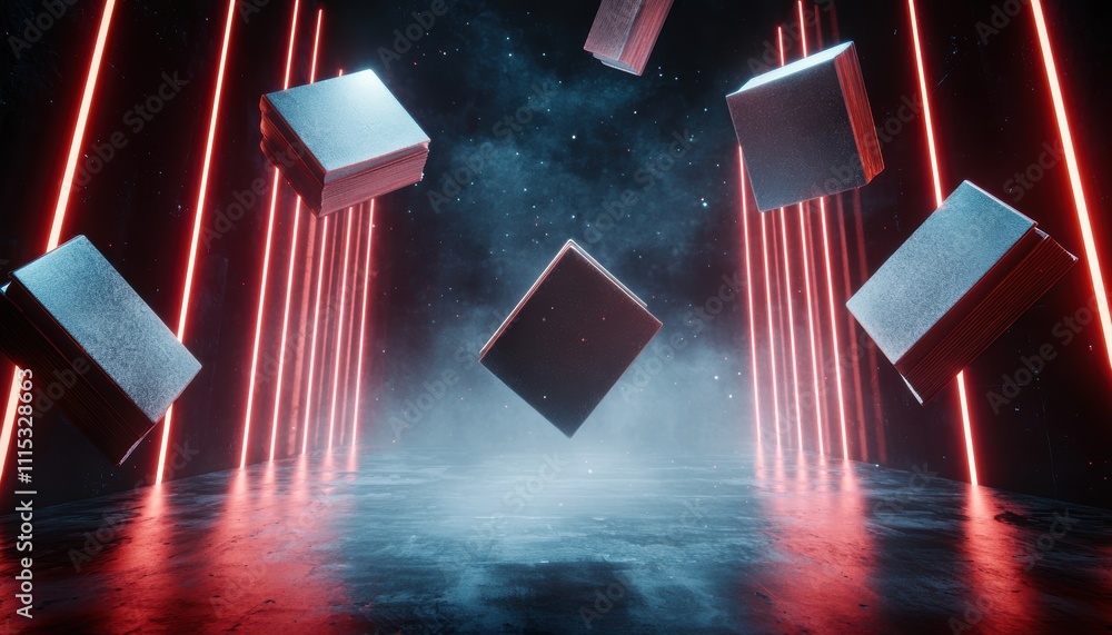 Poster a futuristic scene with floating cubes surrounded by glowing red lines and mist, creating a mysterio