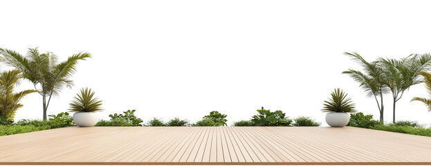 outdoor deck wooden floor with tropical plant, open space, wood table top on transparent white background for product display stage. cutout png