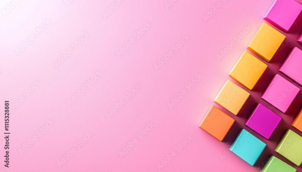 Poster a vibrant arrangement of colorful blocks on a soft pink background, creating a playful and cheerful 