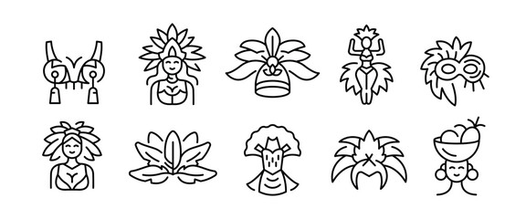 Carnival icons. Set of 10 carnival trendy minimal icons. Example: Mask, Dancer, Costume, Parrot, Cocktail icon. Design signs for web page, mobile app, packaging design. Vector illustration