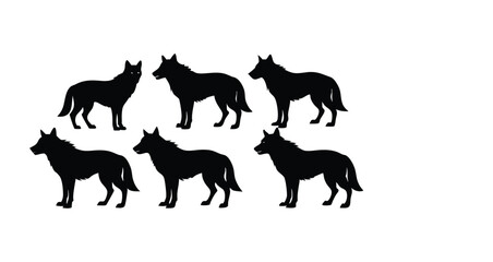 Detailed black silhouette set of a wolf, symbolizing strength, wilderness, and freedom. Perfect for wildlife-themed designs and projects.