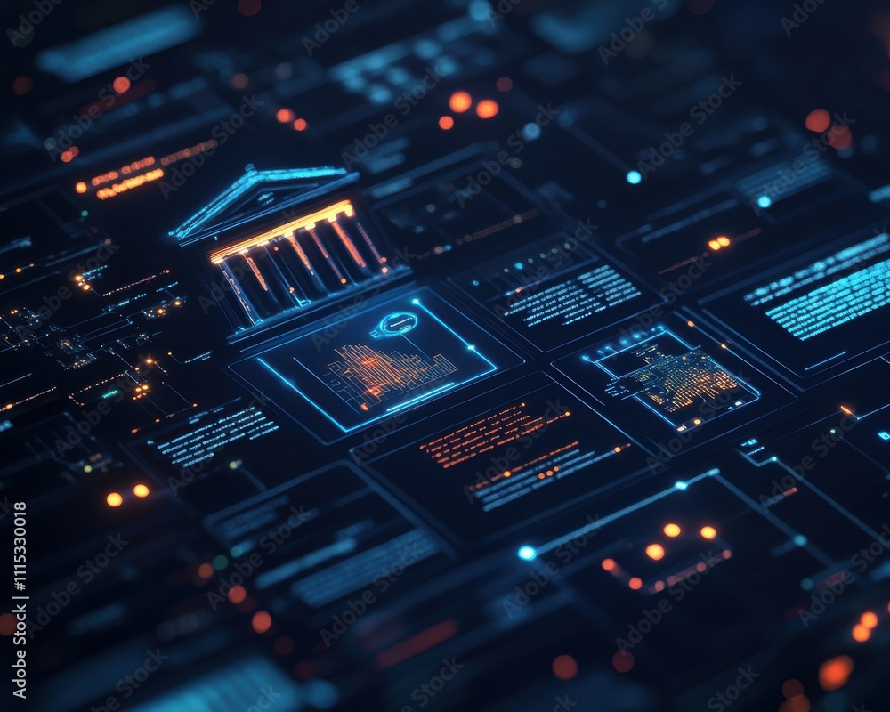 Poster cybersecurity and banking: a stylized digital rendering of a bank building within a complex network 