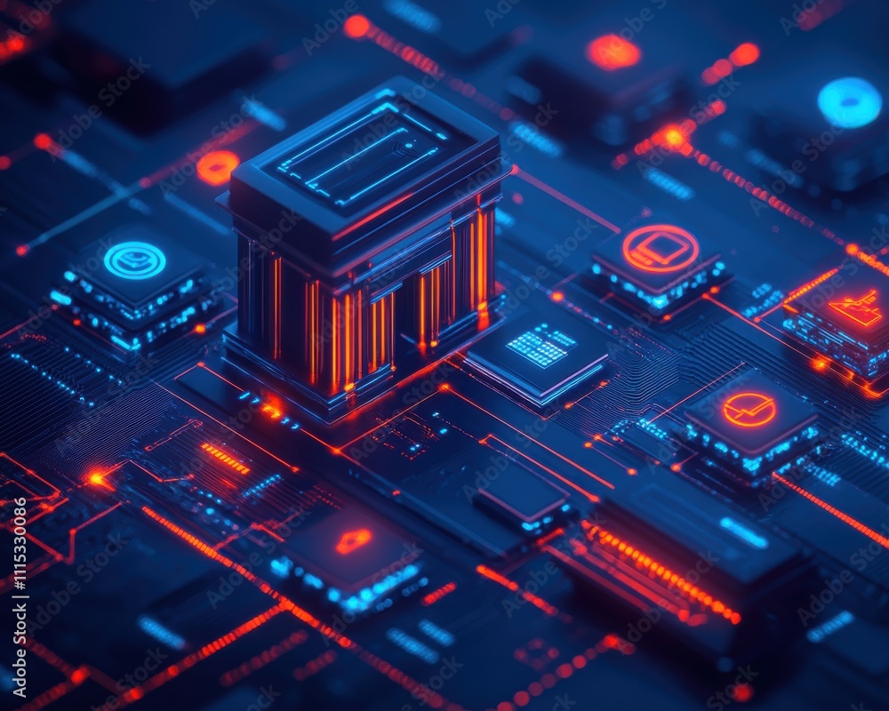 Poster cybersecurity architecture: futuristic digital bank building model integrated within a complex circu