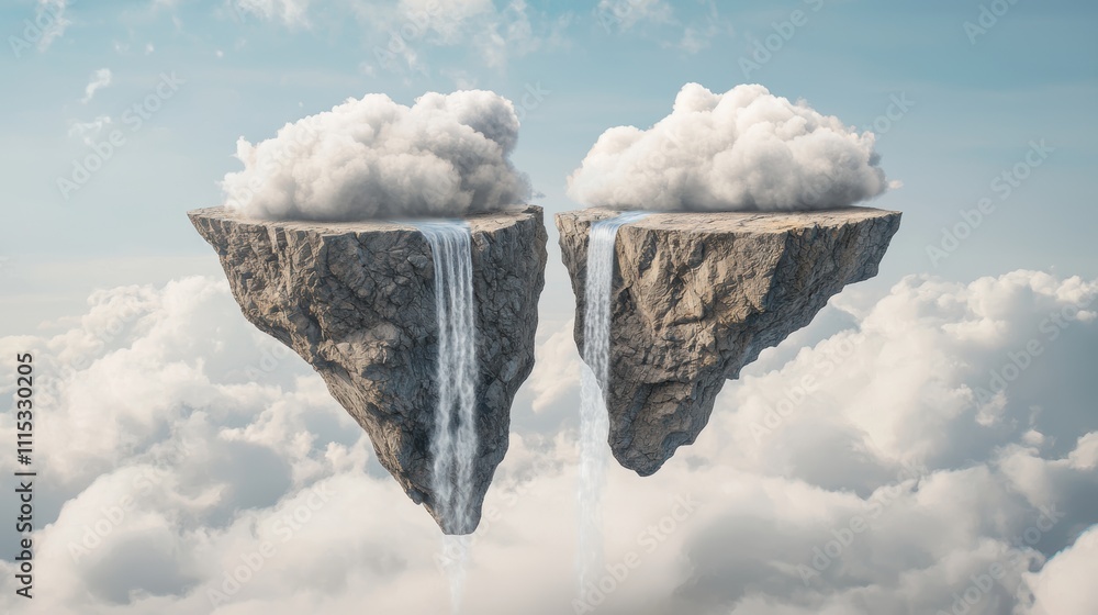 Aufkleber two floating islands with waterfalls and clouds, creating a surreal and dreamlike atmosphere.