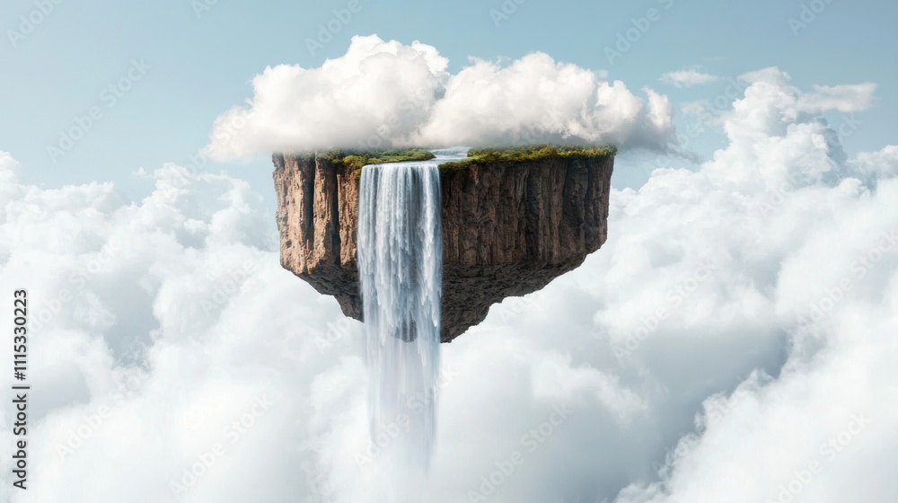 Aufkleber a surreal floating island with a waterfall cascading through clouds, evoking a dreamlike and tranqui