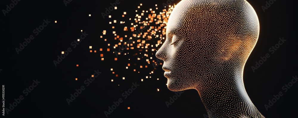 Poster a digital representation of a human head dissolving into particles, symbolizing transformation and t