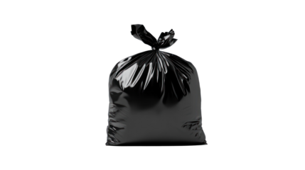 A black garbage bag, tightly sealed at the top, typically used for collecting and disposing of waste materials.