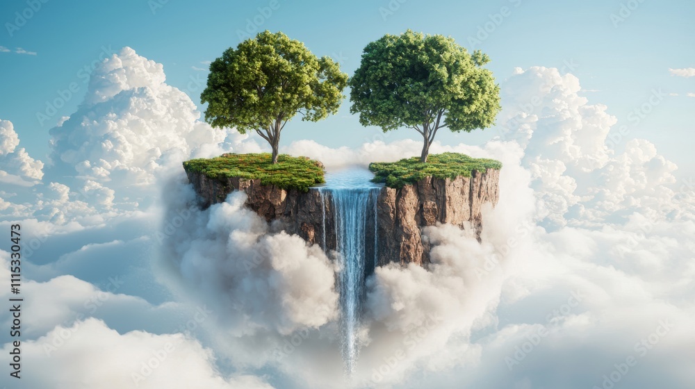 Poster a serene landscape features two trees atop a floating island, with a waterfall cascading into clouds