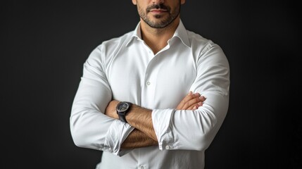 Naklejka premium Confident Man in White Shirt with Arms Crossed Against Dark Background