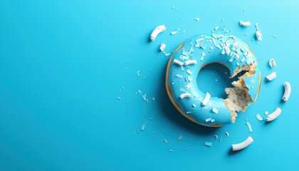 A vibrant blue donut with a bite taken out, scattered with coconut flakes, sits against a bright turquoise background.