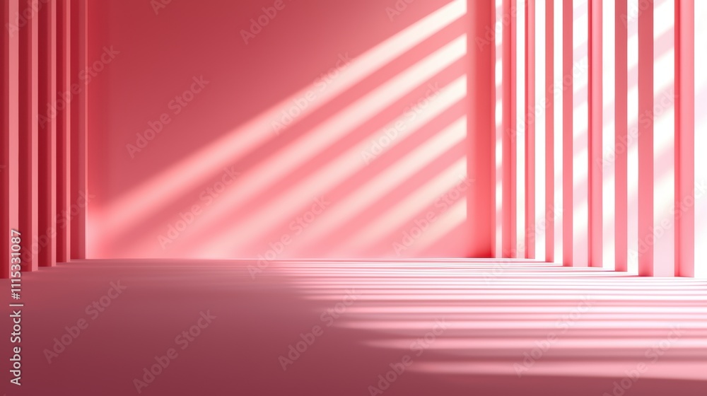 Poster a minimalist pink interior with vertical lines and soft shadows, creating a calming and modern atmos