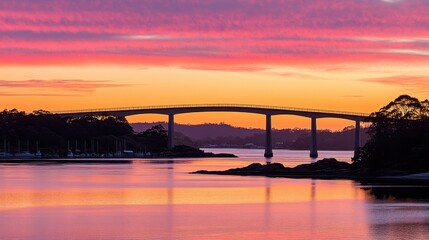 Fototapeta premium Vibrant Sunset Over Picturesque Bridge and Lake Landscape
