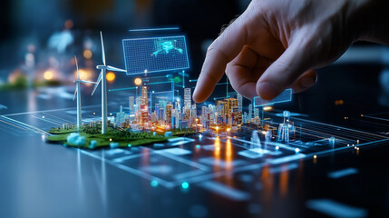 futuristic city model with hand interacting, showcasing sustainable technology, smart buildings, and renewable energy sources like wind turbines