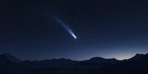 A stunning night view of the moon and stars above a desert, with a shooting star streaking across the sky, perfect for a wallpaper or commercial backdrop, offering a serene and expansive celestial sce