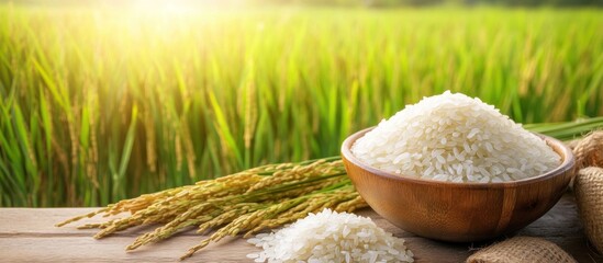 Harvest Bounty: Rice in Wooden Bowl, Golden Paddy Field