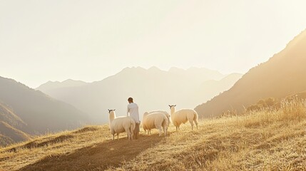 National Llama Day Indigenous Farmer and Llamas in Majestic Mountain Valley - A Scenic Christmas and Earth Day Celebration