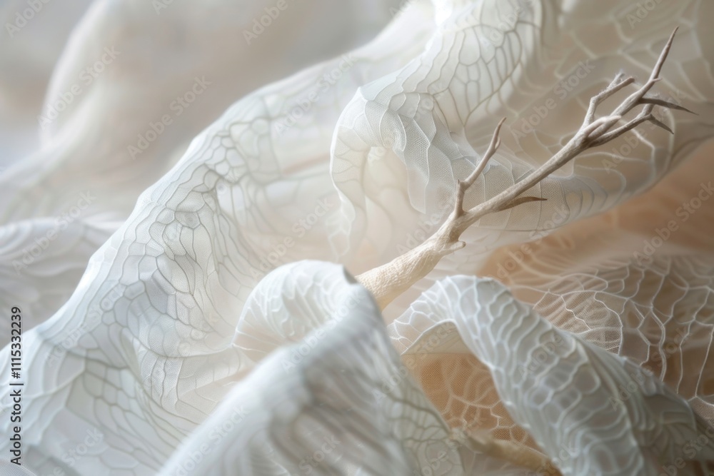 Poster intricate white fabric draped elegantly with a delicate branch intertwined, creating a serene and ar