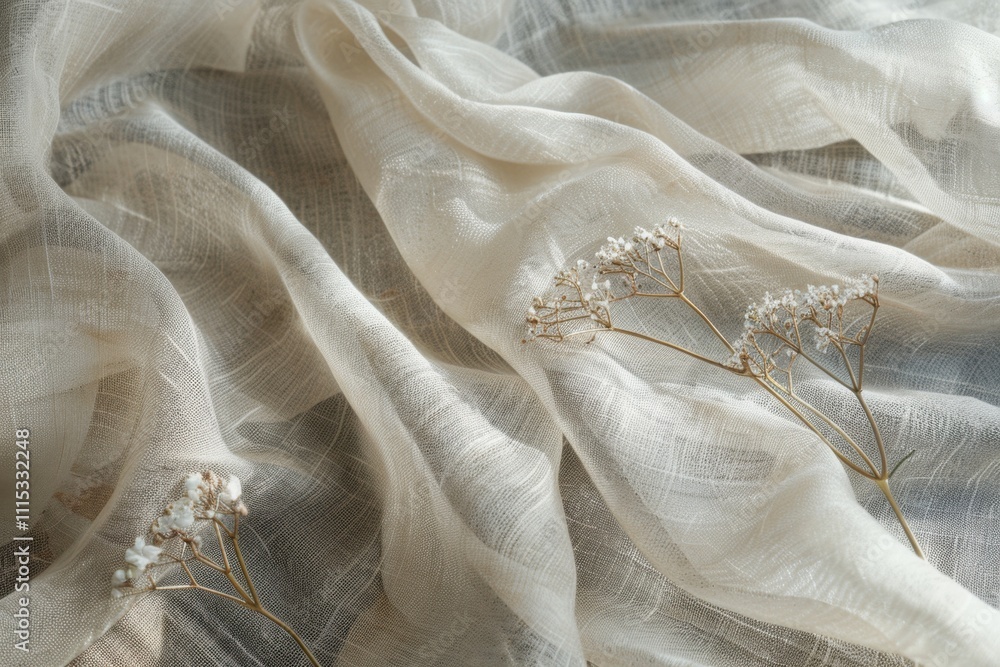 Poster intricate white fabric draped elegantly with a delicate branch intertwined, creating a serene and ar