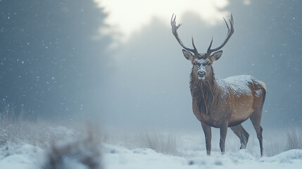 Majestic stag stands in snowy forest during winter twilight
