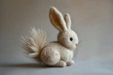 Obraz premium A handmade felted rabbit figurine sits gracefully against a neutral backdrop, showcasing its wool texture and delicate features, perfect for collectors and nature enthusiasts alike