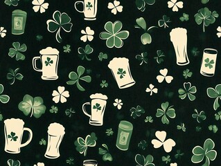 St. Patrick's Day background with a green pattern beer glass, shamrock leaves
