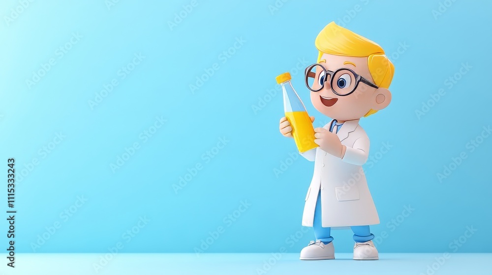Poster cartoon scientist holding flask with colorful background in 3d