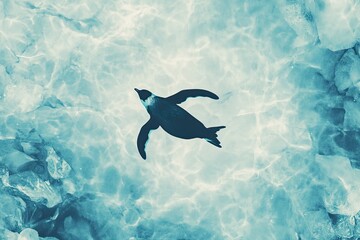 A Swimming Penguin Silhouette On An Ice Background