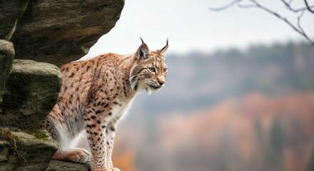Fototapeta premium Majestic lynx in autumn forest landscape