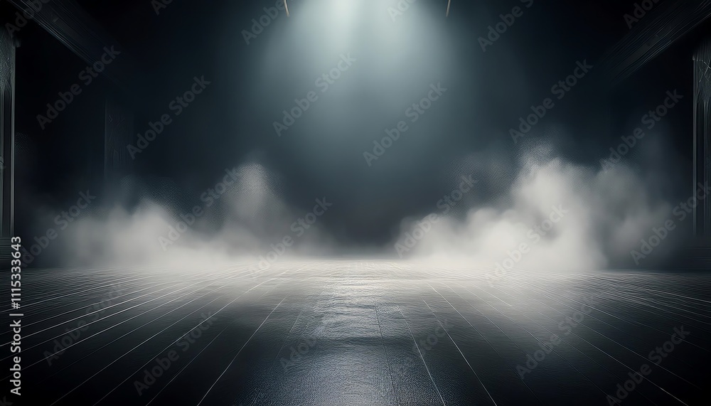 Poster a dimly lit space with a misty floor and beams of light, creating a mysterious and atmospheric setti