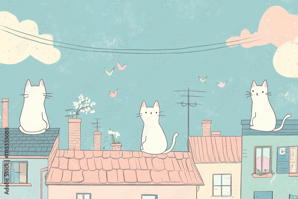 Poster four cats are peacefully seated on rooftops of colorful houses, enjoying a clear sky while birds flu