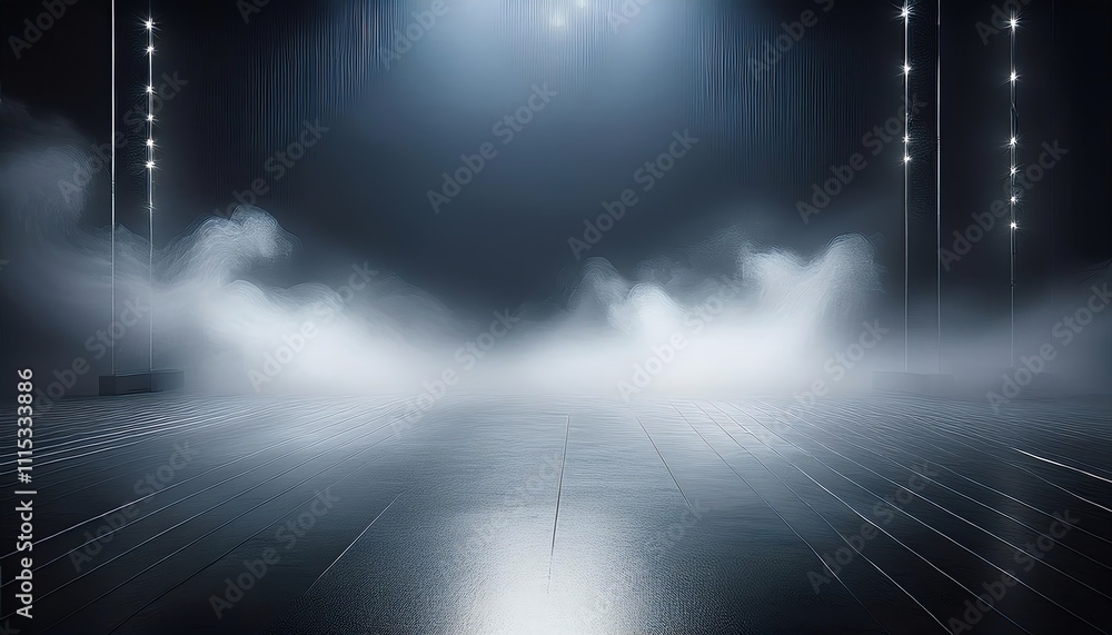 Poster a dimly lit stage surrounded by fog, illuminated by soft lights, creating a mysterious and atmospher