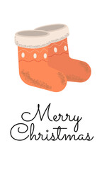 Merry christmas greeting  card with warm socks on white background  and text. Vector flat illustration