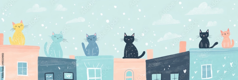 Poster cats of various colors sit happily on rooftops as soft snowflakes fall, creating a whimsical winter 