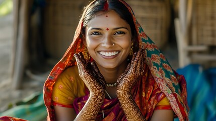 Happy Indian woman in traditional sari with henna hands, smiling outdoors.