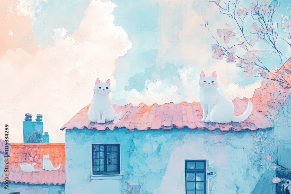 Poster whimsical cats rest on charming rooftops, enjoying a serene day filled with soft clouds and gentle p