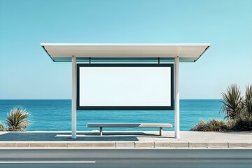 Fototapeta premium Coastal Bus Stop Billboard Mockup at Daytime