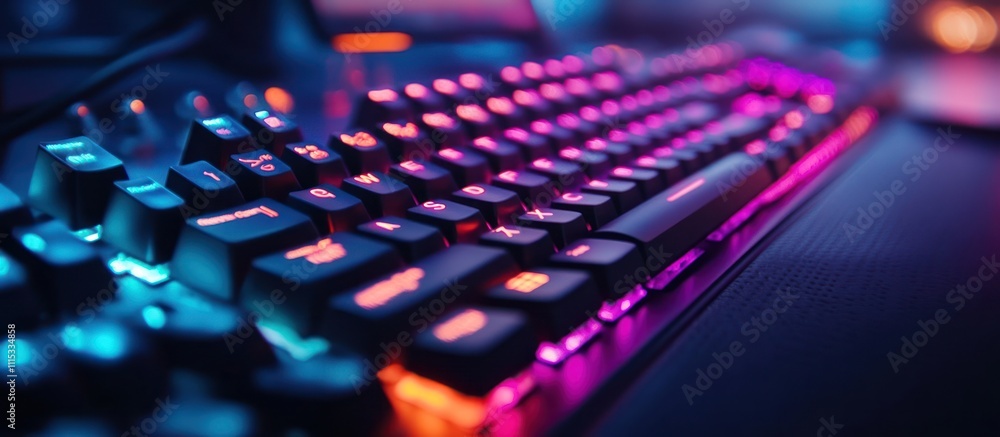 Poster close-up of a colorful backlit keyboard with glowing keys in a dark room.