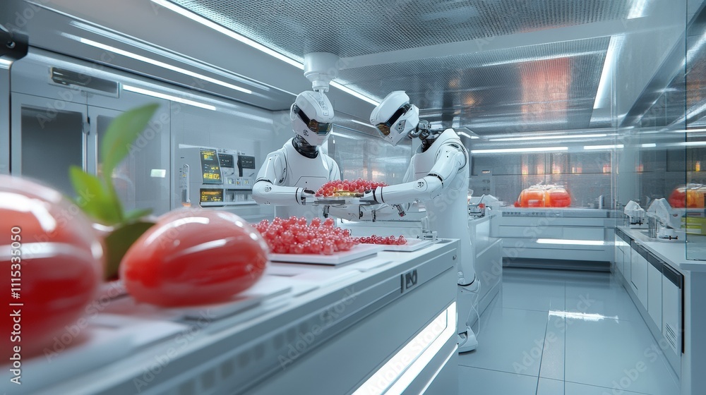Poster high-tech laboratory with robots processing fresh produce in a futuristic environment.