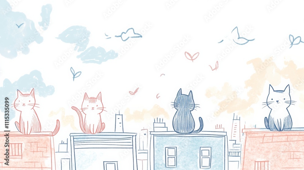 Poster cats sit contentedly on rooftops, enjoying the view of a pastel-colored sky filled with clouds and s