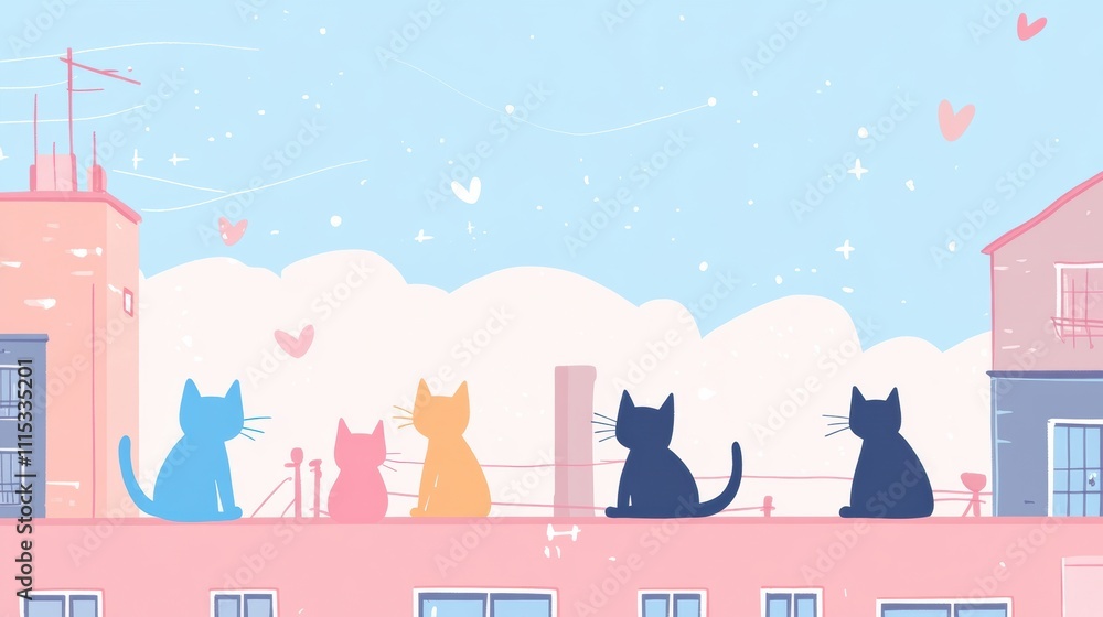 Poster a group of colorful cats relaxes on various rooftops, enjoying a tranquil day filled with soft cloud