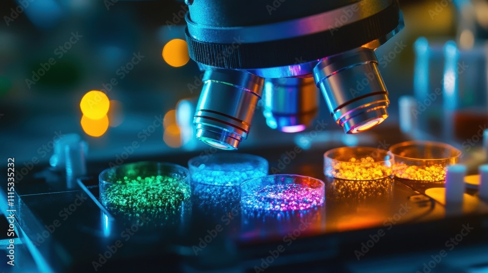 Aufkleber microscope examining colorful samples in a laboratory setting with vibrant lighting.