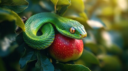 Green snake coiled on red apple